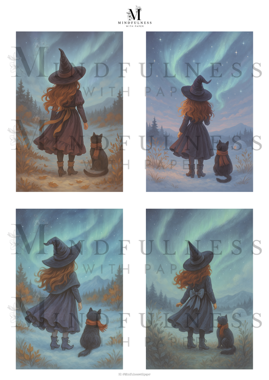 🌌 Digitalt produkt – Nordlys-heksen med katt (Aurora Witch Collection)